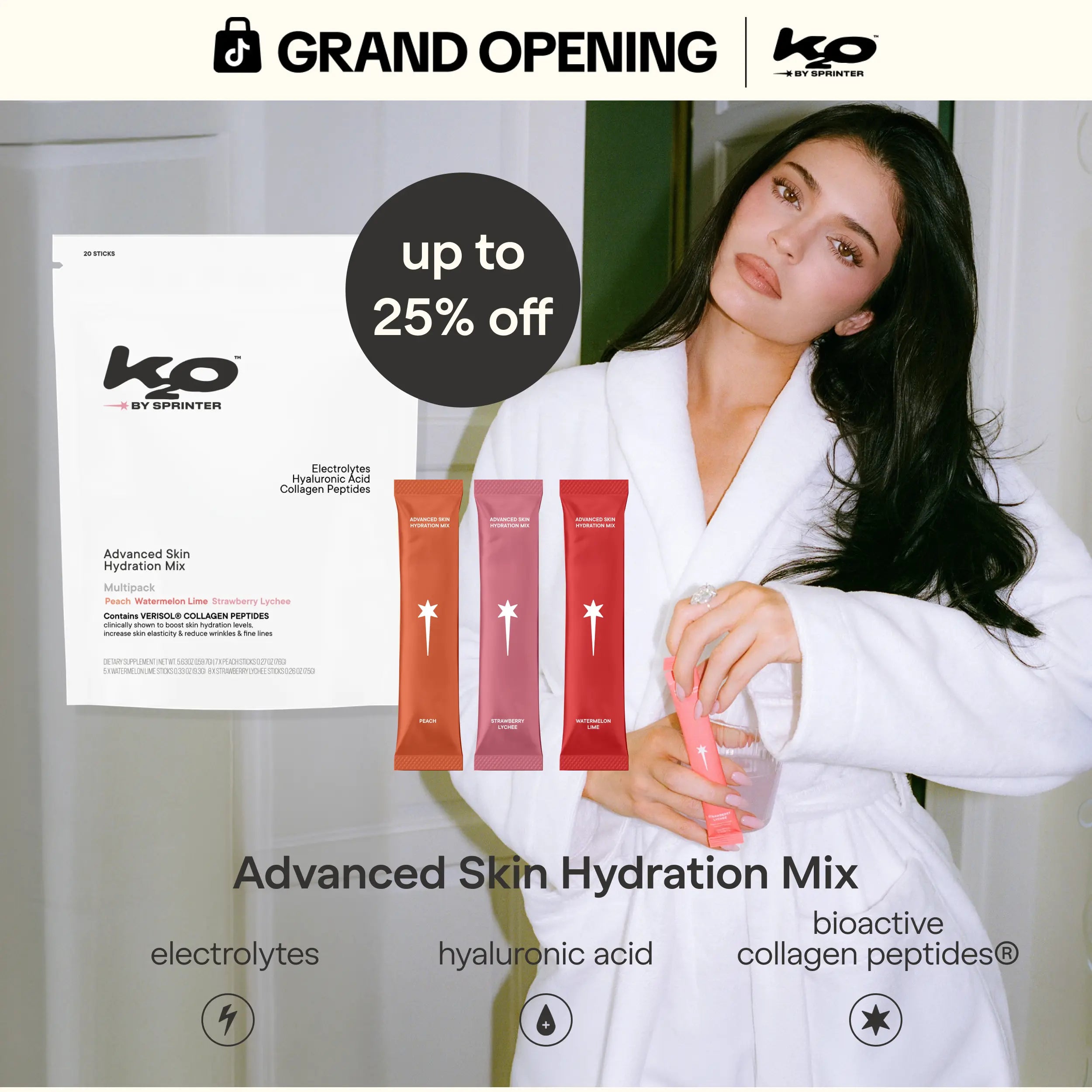 K2O by Kylie Jenner Advanced Skin Hydration Mix with Electrolytes, Hyaluronic Acid & Verisol Collagen Peptides - Clinically Shown to Boost Hydration & Reduce Wrinkles - Available in 3 Flavors, 20 Sticks