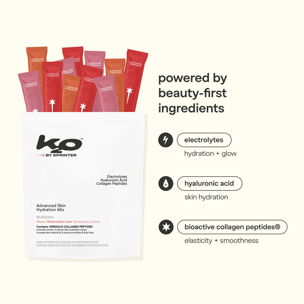 K2O by Kylie Jenner Advanced Skin Hydration Mix with Electrolytes, Hyaluronic Acid & Verisol Collagen Peptides - Clinically Shown to Boost Hydration & Reduce Wrinkles - Available in 3 Flavors, 20 Sticks