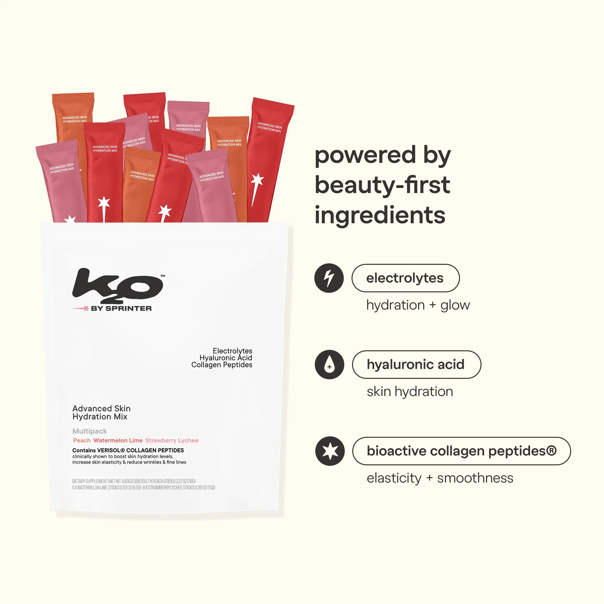 K2O by Kylie Jenner Advanced Skin Hydration Mix with Electrolytes, Hyaluronic Acid & Verisol Collagen Peptides - Clinically Shown to Boost Hydration & Reduce Wrinkles - Available in 3 Flavors, 20 Sticks